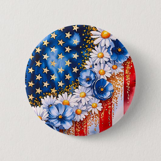 Patriotic American Flag Floral Glitter Button (Voorkant)