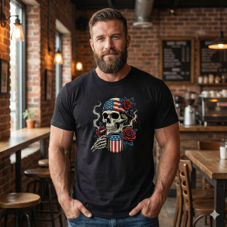 Patriotic American Skull Coffee & Roses T-Shirt