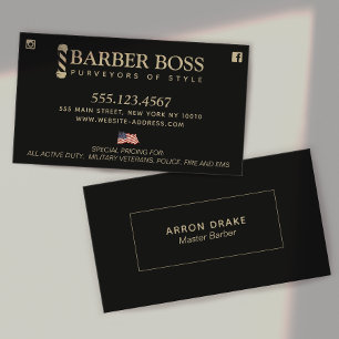 Patriotic Barber Shop Zwart en Goud Visitekaartje