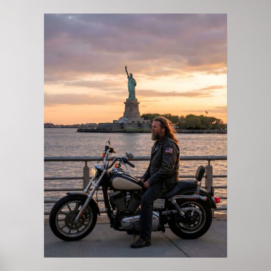 Patriotic Biker Statue of Liberty Sunset Waterside Poster (Voorkant)