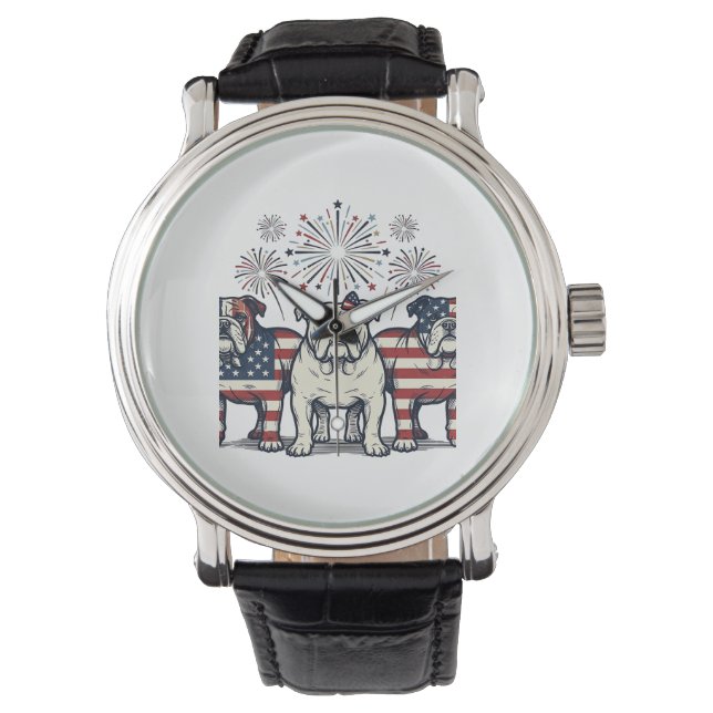 Patriotic Bulldog Fireworks Vintage Engraving Desi Horloge (Voorkant)