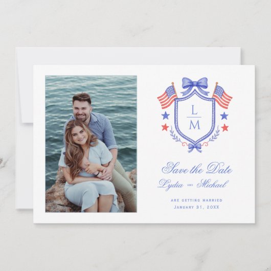 Patriotic Crest w/ US Flags | Monogram Save The Date (Voorkant)