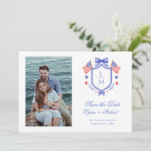 Patriotic Crest w/ US Flags | Monogram Save The Date (Staand voorkant)