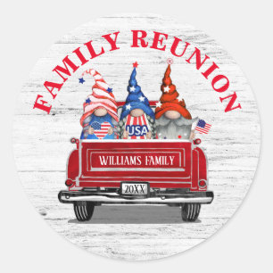 Patriotic Gnome Red Truck Family Reunion Ronde Sticker