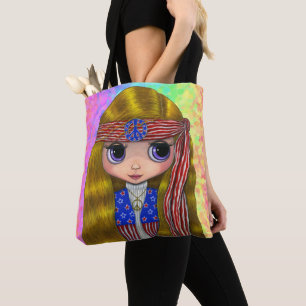 Patriotic Hippie Chick Big Eye Girl Doll Draagtas