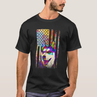 Patriotic Husky American Flag Retro Pop Art Dog Lo T-shirt