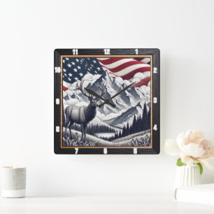 Patriotic Moose Mountain Rustic Vierkante Klok
