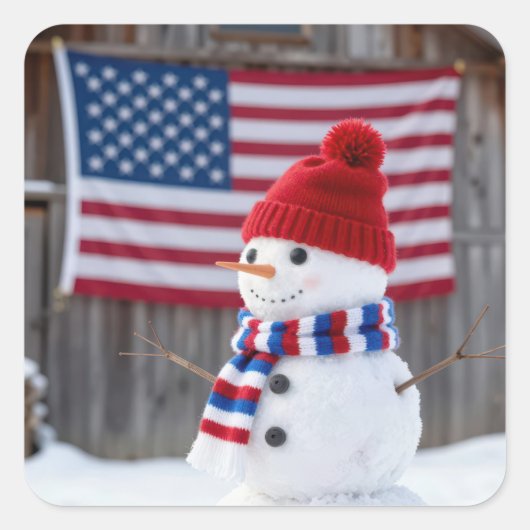 Patriotic Snowman With American Flag Vierkante Sticker (Voorkant)