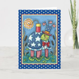 PATRIOTIC UNCLE SAM TURTLE, FUNNY FIRECRACKER Cute Feestdagen Kaart