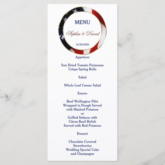 Patriotique, Elegant USA Drapeau Gold Mariage Menu (Devant)