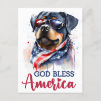 Patriotique Rottweiler, Carte Postale God Bless Am