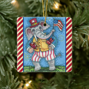 PATRIOTISCH ELEPHANT DIE AMERIKAANSE VLAG WACHT KERAMISCH ORNAMENT