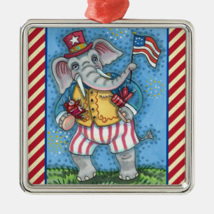PATRIOTISCH ELEPHANT DIE AMERIKAANSE VLAG WACHT METALEN ORNAMENT