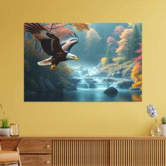 Patriotische adelaar vliegend over watervallen in canvas afdruk