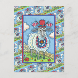 PATRIOTISCHE VIERDE VAN JULY SHEEP, FUNNY FOLK ART FEESTDAGENKAART