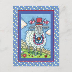 PATRIOTISCHE VIERDE VAN JULY SHEEP, FUNNY FOLK ART FEESTDAGENKAART