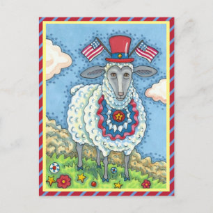 PATRIOTISCHE VIERDE VAN JULY SHEEP, FUNNY FOLK ART FEESTDAGENKAART