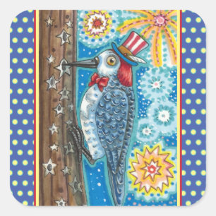 PATRIOTISCHE WOODPECKER-FIREWORKS, 4 JULI BIRD VIERKANTE STICKER