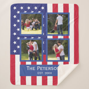 Patriottic 4 Photo Collage American Flag Monogram  Sherpa Deken
