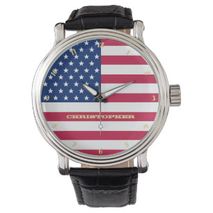 Patriottic Gold Monogrammed USA Flag Classic Manne Horloge