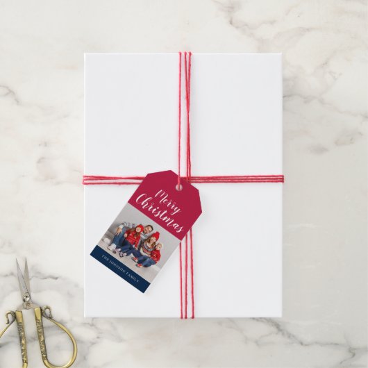 Patriottic Red White Blue Merry-kerstfoto Cadeaulabel (Met Touw)