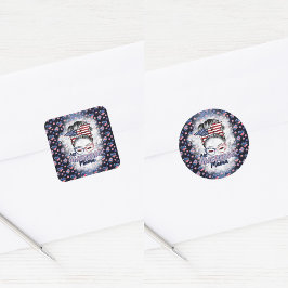 Patriottisch Alle Amerikaanse Mama Messy Bun Vierkante Sticker
