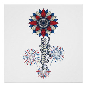 Patriottisch Amerika Bloem Vuurwerk Vintage Ontwer Perfect Poster