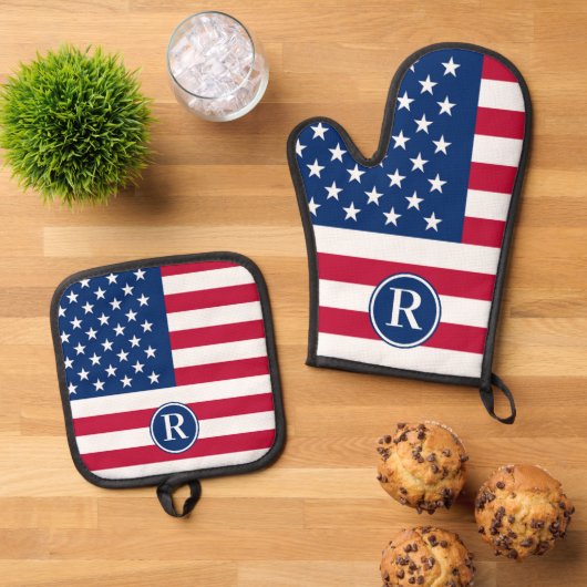 Patriottisch Amerikaans Rood Wit Blauw Aangepast M Ovenwant & Pannenlap Set (Top down)