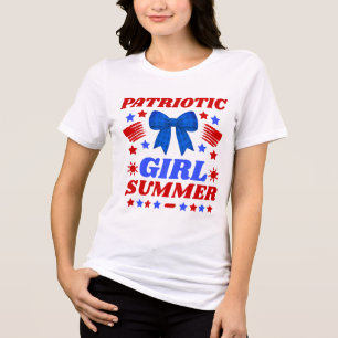 Patriottisch Meisje Zomer Blauw Gingham Strik Tri-Blend Shirt