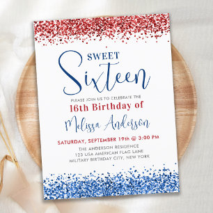 Patriottisch Red Blue Glitter Sweet 16 Birthday Pa Uitnodiging Briefkaart