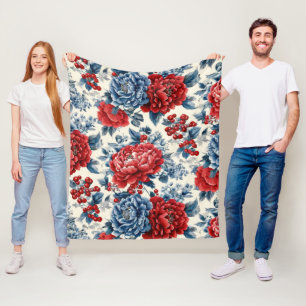 Patriottisch Rood Blauw Wit Bloemmotief (7) Fleece Deken