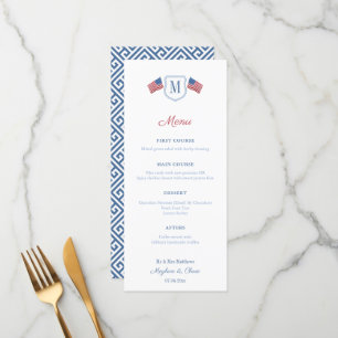 Patriottisch rood wit en blauw monogram bruiloft menu