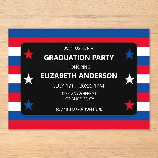 Patriottisch Stars & Stripes Afstuderen Acryl Uitnodigingen (Voorkant)
