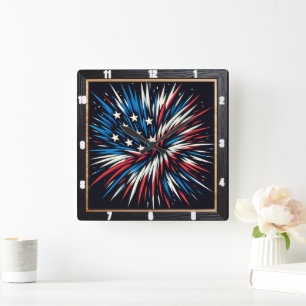 Patriottisch vuurwerk rood wit blauw vierkante klok