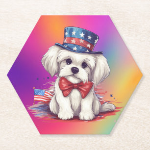 Patriottische 4 juli witte cute puppy hond-43568 kartonnen onderzetters