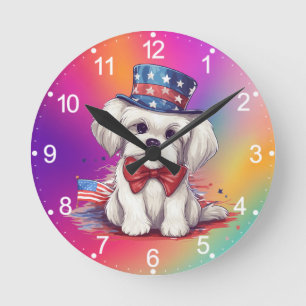 Patriottische 4 juli witte cute puppy hond-43568 ronde klok