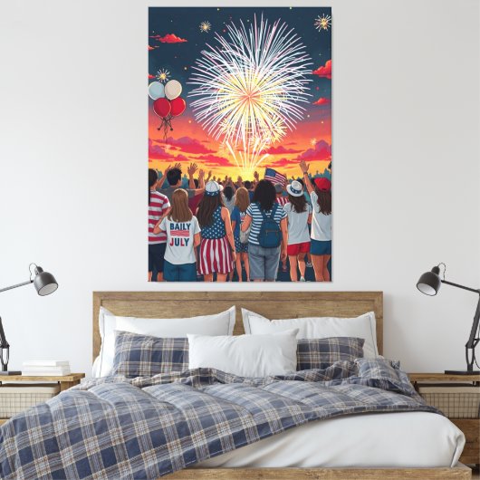 Patriottische 4th of July Vuurwerk Viering Menigte Canvas Afdruk (Insitu (Slaapkamer))