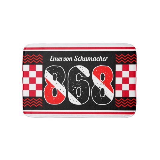 PATRIOTTISCHE 868 Jouw naam | Geruite vlag op ZWAR Badmat (Voorkant)