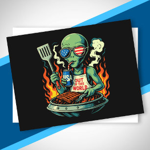 Patriottische Alien BBQ Grill Amerikaanse Vlag Zon Feestdagenkaart