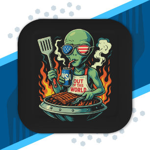 Patriottische Alien BBQ Grill Amerikaanse Vlag Zon Papieren Bordje