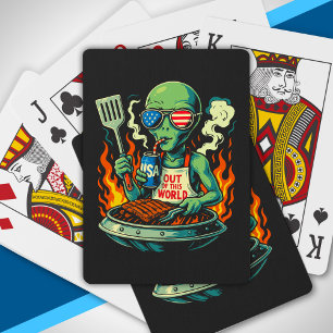 Patriottische Alien BBQ Grill Amerikaanse Vlag Zon Pokerkaarten