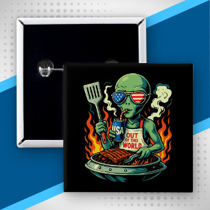 Patriottische Alien BBQ Grill Amerikaanse Vlag Zon Vierkante Button 5,1 Cm