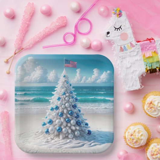Patriottische Amerikaanse kerstboom op het strand Papieren Bordje (Feest)