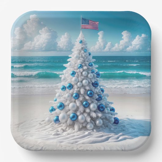 Patriottische Amerikaanse kerstboom op het strand Papieren Bordje (Voorkant)