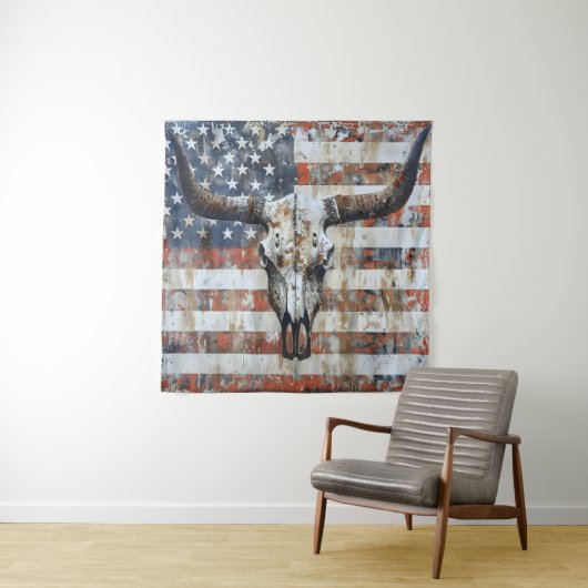 Patriottische Amerikaanse vlag langhoorn schedel T Wandkleed (In situ)