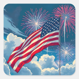 Patriottische Amerikaanse Vlag met Vuurwerk - 4 ju Vierkante Sticker