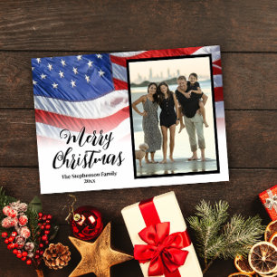 Patriottische Amerkaanse vlag zwaaiend Kerst foto Feestdagenkaart