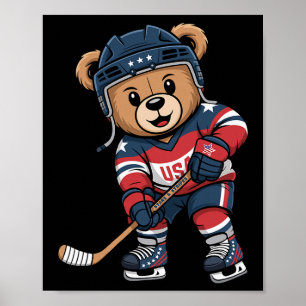 Patriottische Beer Hockey Speler Schattig Usa Ster Poster