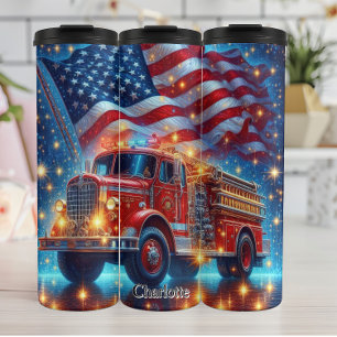 Patriottische brandweerwagen met Amerikaanse vlag Thermosbeker