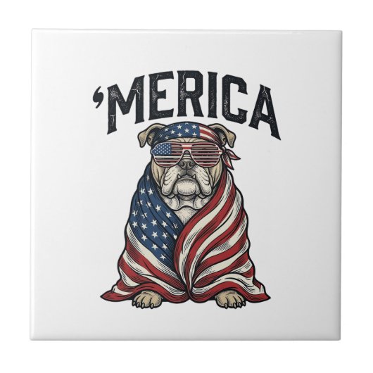 Patriottische Bulldog 'Merica Vintage Vector T-shi Tegeltje (Voorkant)